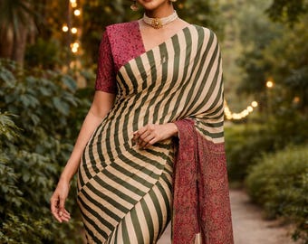 Women Ajrakh Printed Satin Crepe Saree Designer Traditional Indian Ethnic Green Stripes Sari Blouse