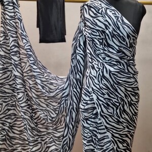 Indian Satin georgette zebra print saree black & white animal printed saree light weight sari with unstitched blouse piece