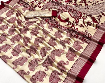 Semi Modal Saree Kalamkari Inspired Elephant Print Traditional Ethnic Wear