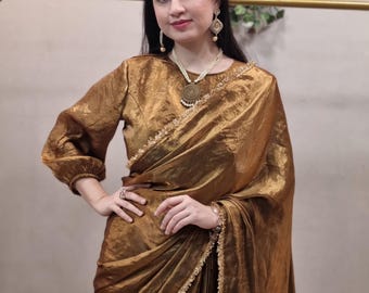Pre-Pleated Ready to Wear Silk Saree Stitched Long Sleeve Blouse Indian Wedding Guest