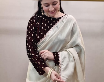 Pre-Stitched Ready To Wear Golden Tissue Saree Velvet Readymade Blouse Eid Ramadan Sari Dress