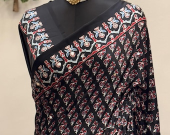 Black Modal Satin Ajrakh Print Saree | Real Mirror Work Ethnic Indian Dress Sari Blouse