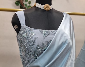 Grey Satin Saree with Embroidered Sleeveless Blouse (Bust 38-44 inches)