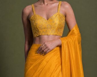 Haldi Yellow Fendy Soft Shiny Space Silk Saree with Stitched Blouse Sari Indian USA