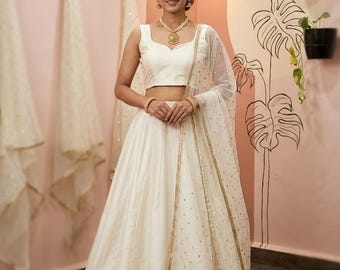 Ivory Plain Silk Lehenga Choli Set Custom Bridesmaid Indian Wedding Kalidar Lengha Dupatta Outfit