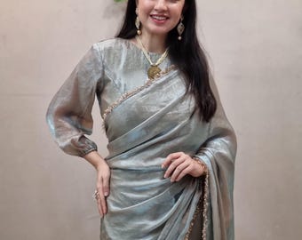 Silver Shiny Space Silk Sari Ready to Wear Pre-Stitched Saree Readymade Blouse Long Sleeves
