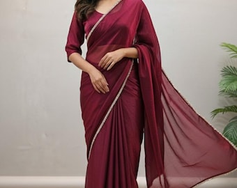 Maroon Ready-to-Wear Pre-Stitched Space Silk 1 Minute Saree Readymade Blouse Indian Ethnic Sari USA