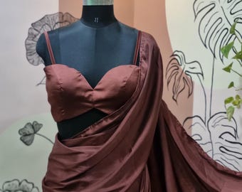 Custom Satin Saree with Stitched Blouse | Made to Order Indian Sari