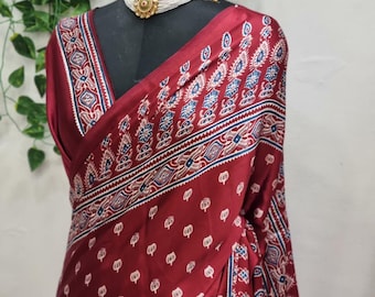 Ajrakh Printed Satin Crepe Saree Red Designer Ethnic Indian Ajarakh Sari Festive Wedding Wear