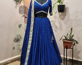 Royal Blue Georgette Lehenga Choli with Golden Embroidery