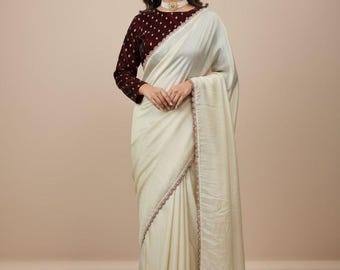 Golden Shimmer Tissue Saree, Maroon Velvet Blouse, Eid Ramadan Dress
