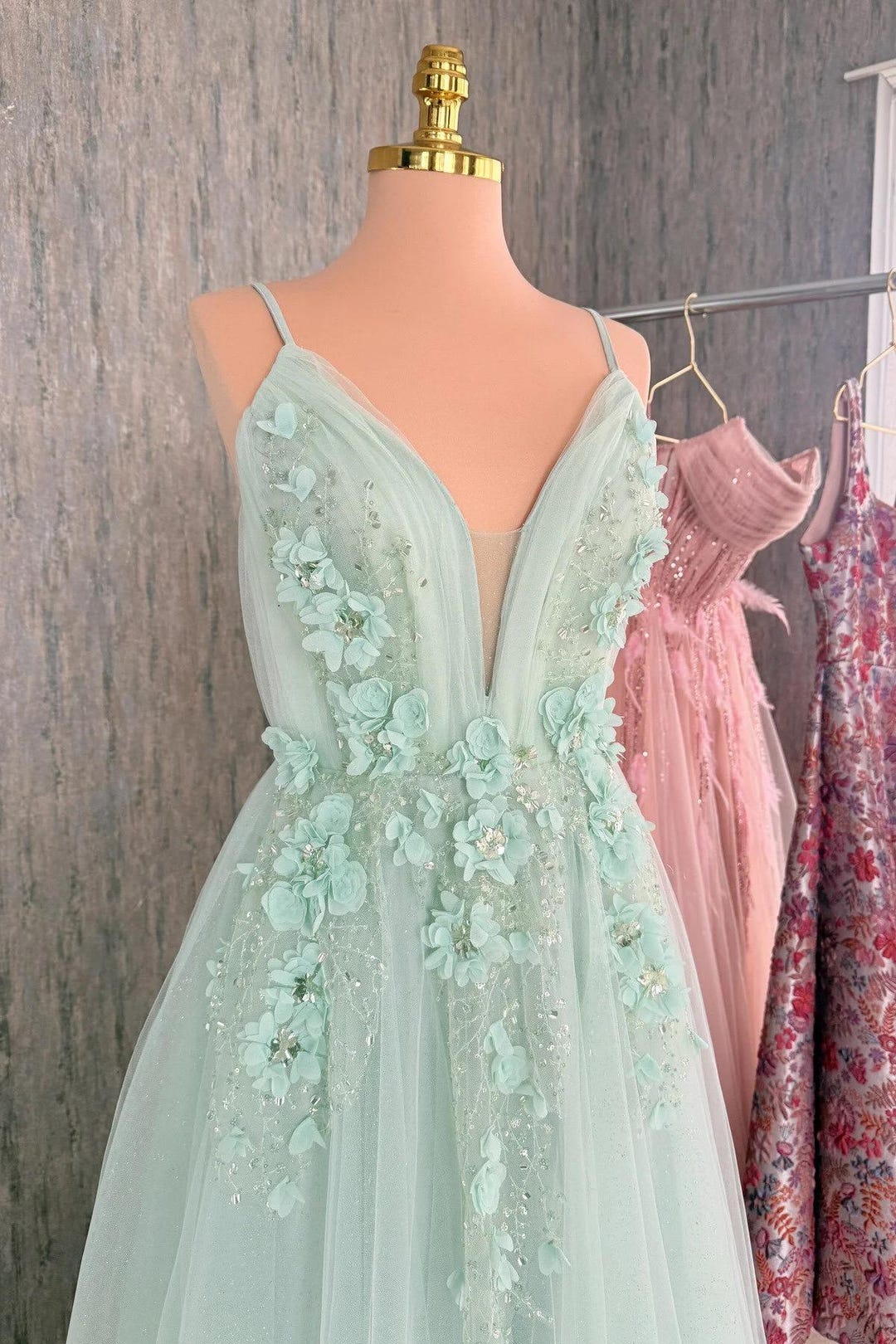 Mint Green Glitter Tulle Maxi Dress 3D Lace Evening Gown - Etsy