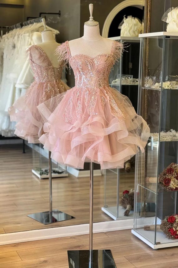 Blush Pink Lace Corset Mini Dress Feather Strap Tulle Romantic Gown - Etsy