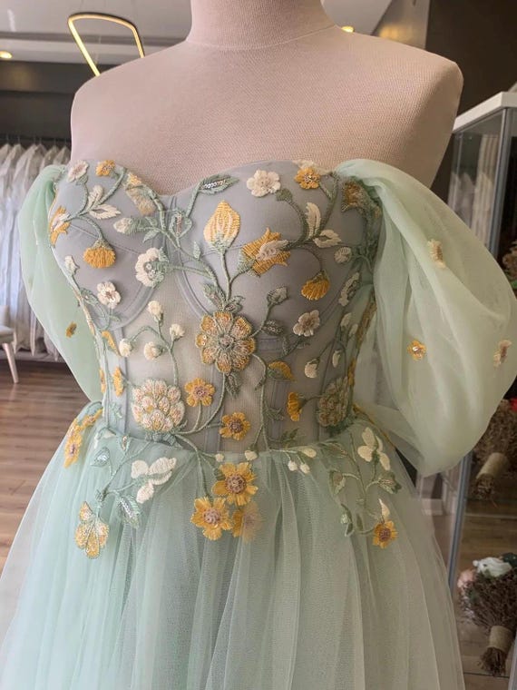 Mint Green Floral Midi Dress Flower Lace Tulle Romantic Evening Gown - Etsy  Canada