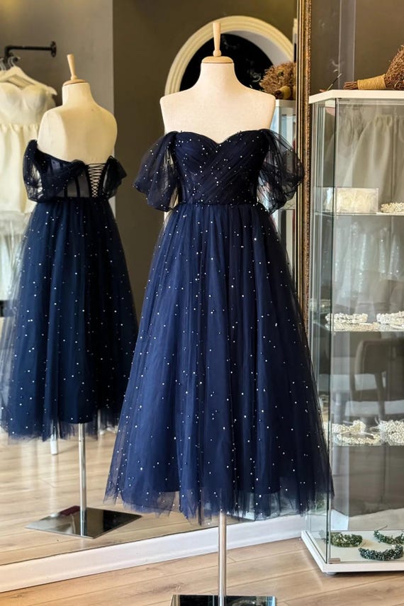 sachin and babi light blue dress Zinnia Navy A-line Floral V-neck Tulle Tier Prom Dress