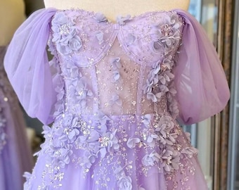 Lilac Lace Maxi Dress, Romantic Wedding Guest Dress, Lavender Bridal Shower Gown