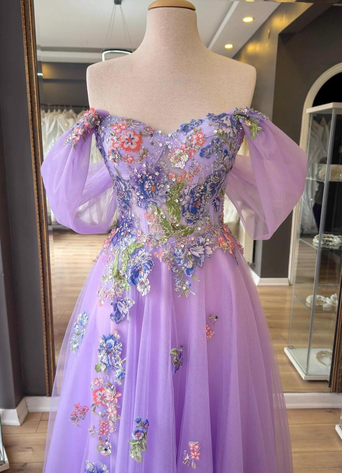 strapless open back dress Purple Tulle Beaded Long A-line Prom Dress Formal Dress, Purple Evenin –  Cutedressy main image 1