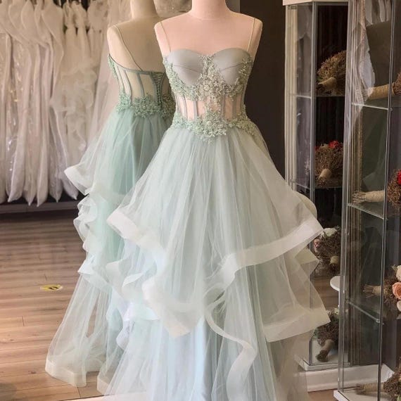 mint green beaded dress Mint Green Prom Dress - Sequin Beaded Gown - Backless Prom Dress