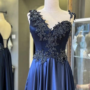 Navy Blue One Shoulder Lace Satin Gown – Formal Maxi Dress with Corset Bodice
