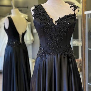 Black One Shoulder Satin Gown – Lace Corset Maxi Dress – Elegant Evening or Prom Dress