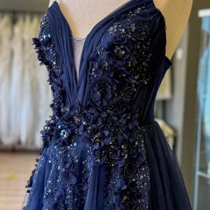 Navy Glitter Tulle Maxi Gown – 3D Lace Evening Dress – Strapless Prom & Ball Dress