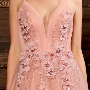 Blush Pink Glitter Gown 3D Lace Maxi Prom Dress Romantic Tulle Evening Dress