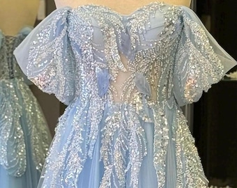 Light Blue Lace Maxi Leaf Detail Dress with Feather Elegant Evening Gown
