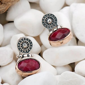Ruby Filigree Earrings – 925 Silver Handmade Ottoman Style Jewelry – Antique Dangle Gift