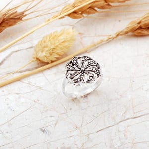 Daisy Adjustable Ring  Hand Embroidered 925 Sterling Silver Flower Ring