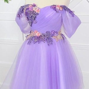 Lilac Tulle Mini Dress 3D Lace Strapless Gown Draped Cocktail Party Dress