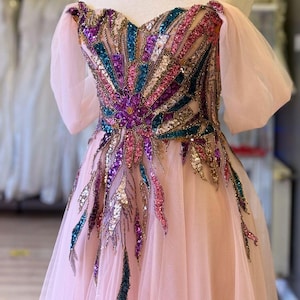 Lace Detail Maxi Transparent Evening Dress Powder Embroidered