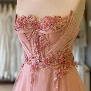 Powder Pink Strapless Maxi Gown Glitter Tulle Lace Evening Dress Romantic Corset Formal Dress
