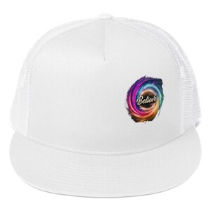 May include: White trucker hat with a mesh back and a curved brim. The front of the hat features a colorful, swirling design with the word "Believe" in cursive script. The design incorporates shades of blue, purple, orange, and yellow.