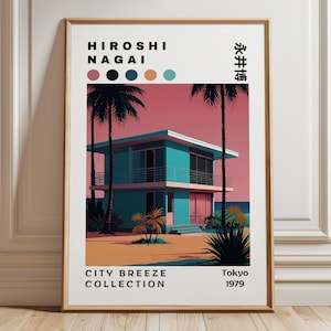 Hiroshi Nagai Artwork, Retro City Tropics Poster, Japanese Print Canvas, Digital 80&#39;s Synthwave Art, Perfect Gift for Home Digital Gallery