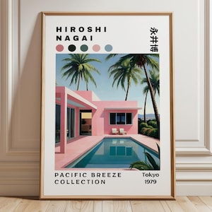 Hiroshi Nagai Pazifikbrise Poster, Küstenruhe Kunst, digitaler Download, japanische Pastellinselansicht, Retro Leinwand rosa Wand-Kunst-Dekor