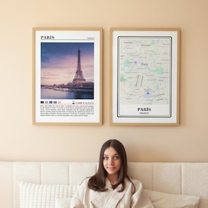 パリ市地図と風景ポスターセット、デジタル壁アートワーク、フランス旅行アート、ホームプリント装飾、モダンな旅行リビングルーム壁アート