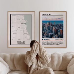 Chicago City Poster Set von 2, Digital Download Karte und Urbane Landschaftskunst, druckbare Wanddekoration für Haus und Wohnzimmer, hochwertige Kunst