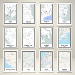 12 hochwertige Welt Reise Wandkunst, bunte Stadt Karten, Vintage Poster Reisekarten, digitaler Download, DRUCKBARE Galerie Wand Kunstwerk