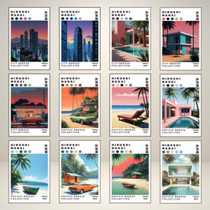 Juego de 12 pósteres de Hiroshi Nagai City Pacific Breeze, decoración de casa de playa japonesa, arte de pared digital para decoración del hogar, idea de regalo de póster en lienzo