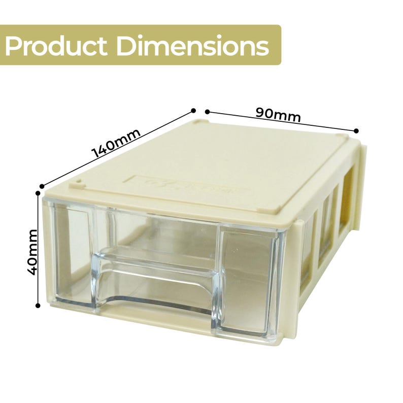 May include: A beige plastic storage drawer with a clear front. The dimensions are 14cm x 9cm x 4cm. The text "Product Dimensions" is at the top of the image.