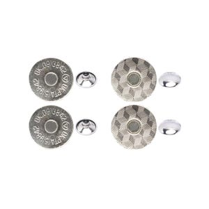 May include: Set of four silver magnetic snap closures. Two are plain with stamped text, and two have a geometric pattern. Each set includes a matching metal washer for secure attachment. Ideal for bags and crafts.