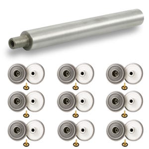 Könnte beinhalten: Ein langer, zylindrischer Metallstab über neun Sätzen kreisförmiger Komponenten. Jeder Satz enthält ein dunkelgraues Rad mit einem Mittelloch, eine weiße kreisförmige Scheibe und einen kleinen messingfarbenen Metallstift mit schwarzem Ring.
