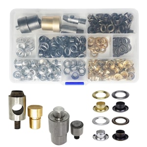 200pcs Eyelet Grommets with Eyelet Fixing Dies & Hole Cutter Fixing Dies Set, 4 Colour 6mm Grommets Sets for DIY Leathercrafts, Sewing, Bags
