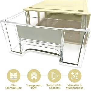 May include: A clear, mini storage box with a cream lid and accents. The box is made of transparent PVC and features removable spacers. The text on the image reads: Mini Storage Box, Transparent PVC, Removable Spacers, Versatile & Multipurpose.