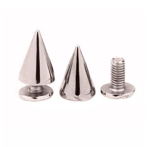 May include: Three silver metal pyramid-shaped studs with a screw-on base. The studs are different sizes.