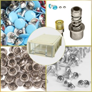 May include: A collection of hardware components including light blue rivets, silver screws, metal eyelets with mesh, a spring-loaded mechanism, and a small plastic container with a clear drawer.