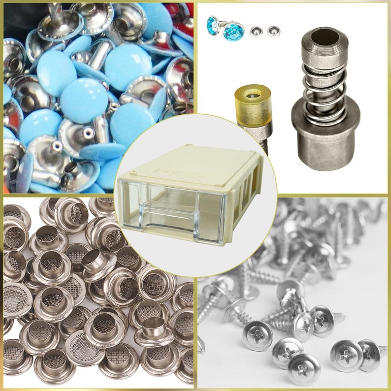 May include: A collection of hardware components including light blue rivets, silver screws, metal eyelets with mesh, a spring-loaded mechanism, and a small plastic container with a clear drawer.