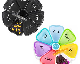 Flower Shaped 7 Day Pill Box, Rainbow &Black Colour Weekly Tablet Organiser, Portable Pill Case, Coloured Vitamin Holder with Weekday Lids