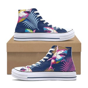 High top trendy sneakers, shark design sneakers, colorful shark high tops, unisex sneakers, cool graphic print shoes