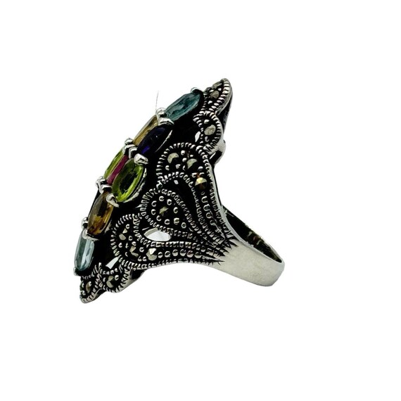 Large Sterling Silver Multi Gemstone Marcasite Ri… - image 6